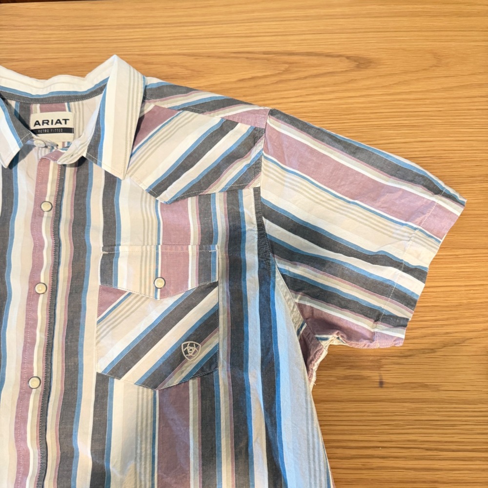 Ariat Men XL Retro Fitted Western Pearl Snap Shirt Short Sleeve Striped Multi - Picture 4 of 11